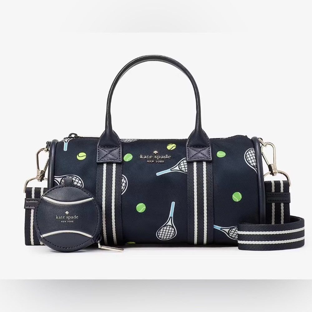Kate Spade Rosie Racquet and Tennis Ball Blue Small Nylon Duffle Crossbody Purse